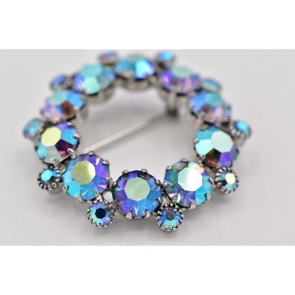 Vintage Crystal Pin Brooch Prong Rhinestone AB Blue Retro Round 1950s Glam BinBP - Picture 10 of 12